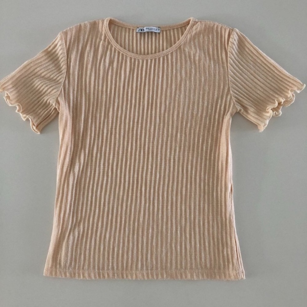 Zara Casual SS Crew Neck Ribbed Knit Top Light Peach/Pink Sz M - no fabric tag
